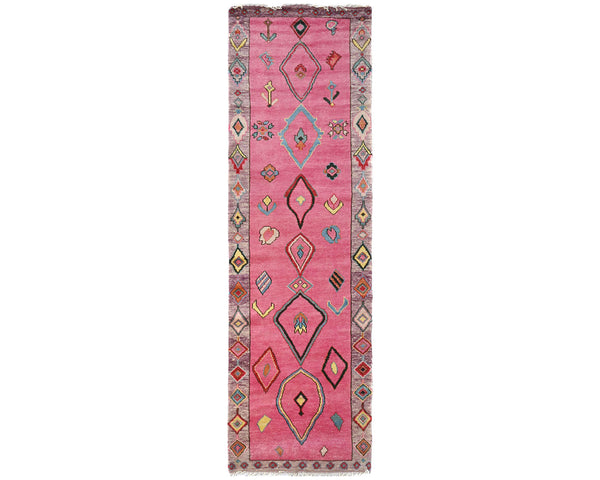13 Feet Moroccan Pink Hand Woven Wool Runner Rug
